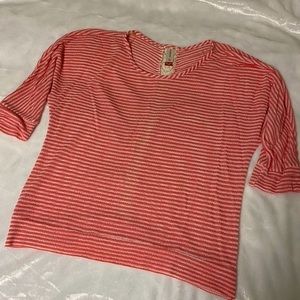 Coral Cream Striped Crochet 3/4 sleeve Top XXL
